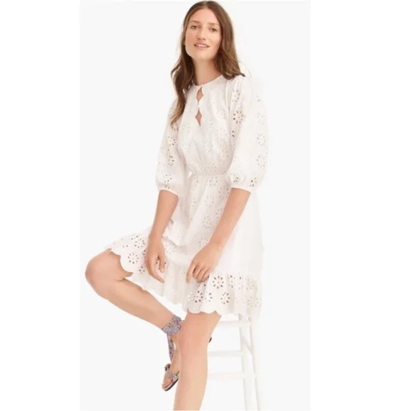 J CREW Size Small White Eyelet Dress Tie Waist Scalloped Edges Ethereal $148 NWT - Picture 4 of 16